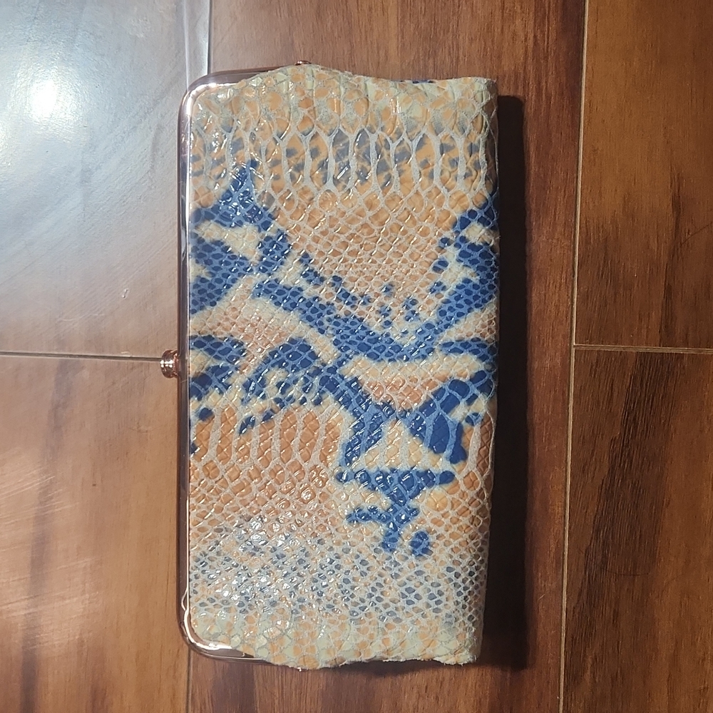 Hobo Lauren leather animal print clutch wallet blue cream orange nwot
